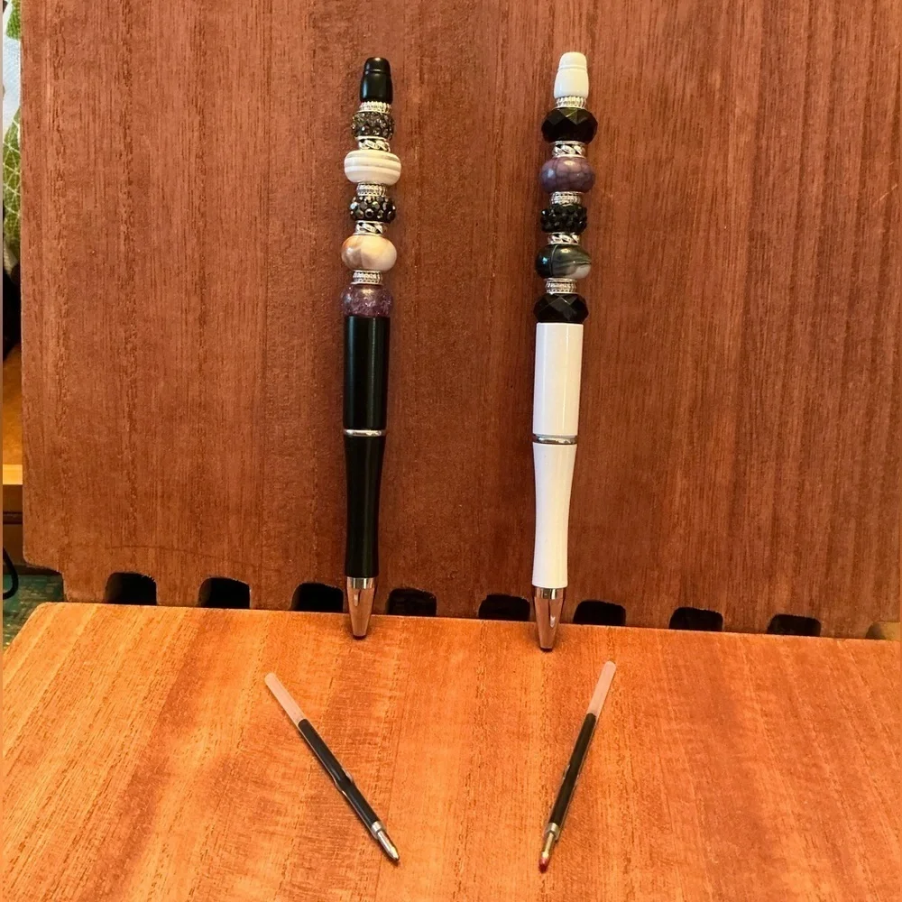 Hand Crafted Beaded Pens Set of 2 with ink refill, Ballpoint Black